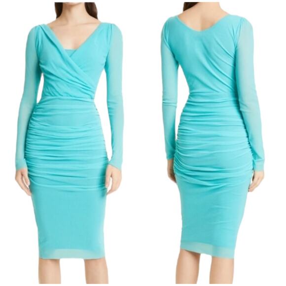 Fuzzi Jean Paul Gaultier NWT Ruched Long Sleeve Dress Cascata Blue Size S